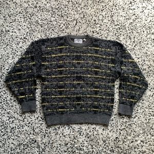 Saturdays Sweater Vintage Dark Grey Yellow Stripe Crew Neck Knit Size XL